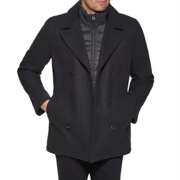 Levi's Double Breasted Wool Peacoat w/ Puffer Bib Black & Gray Size Large NWT - Picture 1 of 10